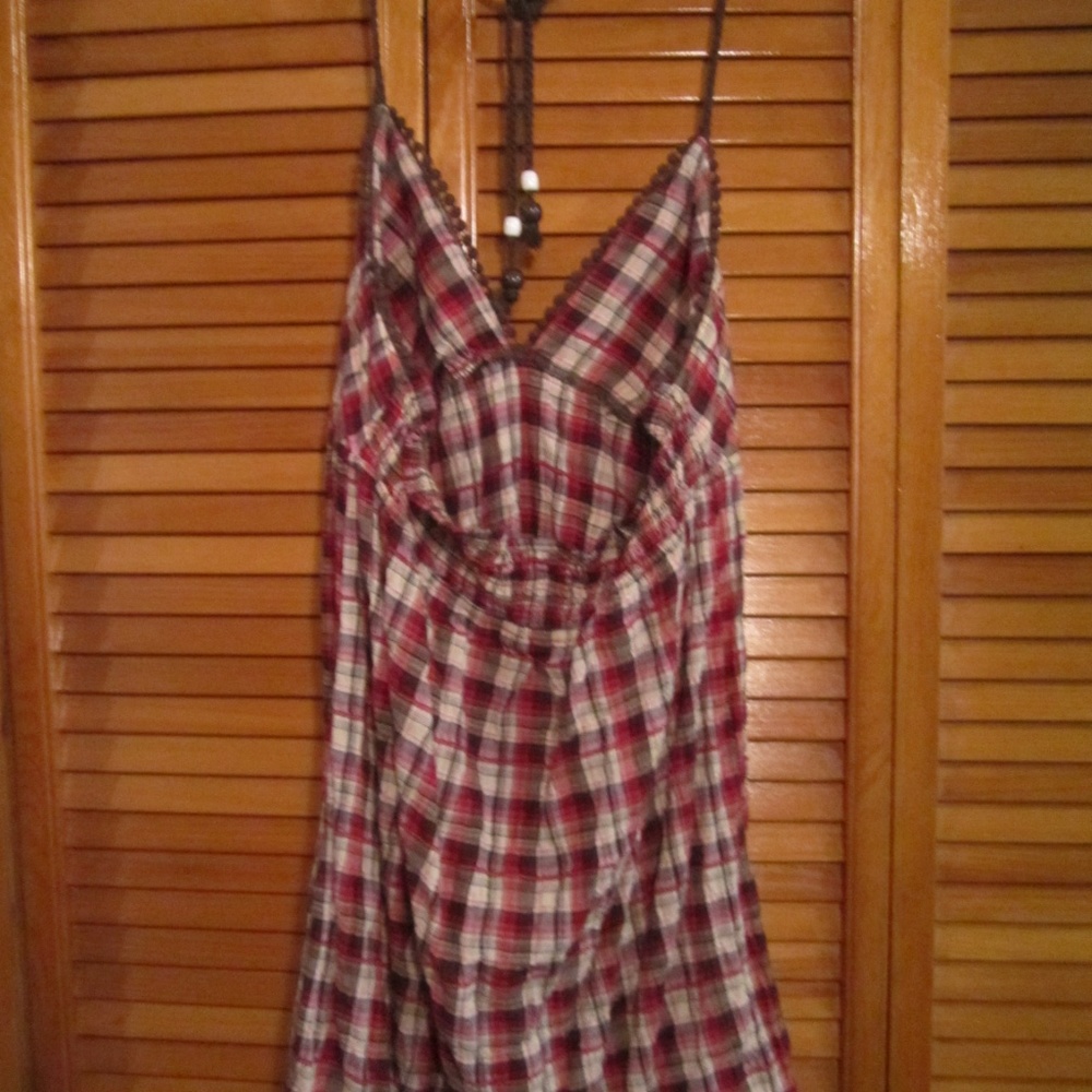 Self Esteem Boho Halter Dress/Long Tunic. Women's Sz M, Plaid Reds, browns, tan - Picture 2 of 7